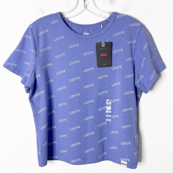 Levi's Womens Graphic T-Shirt L Blue Short Sleeve Slim Fit Logo Script Crew Neck - Picture 1 of 8
